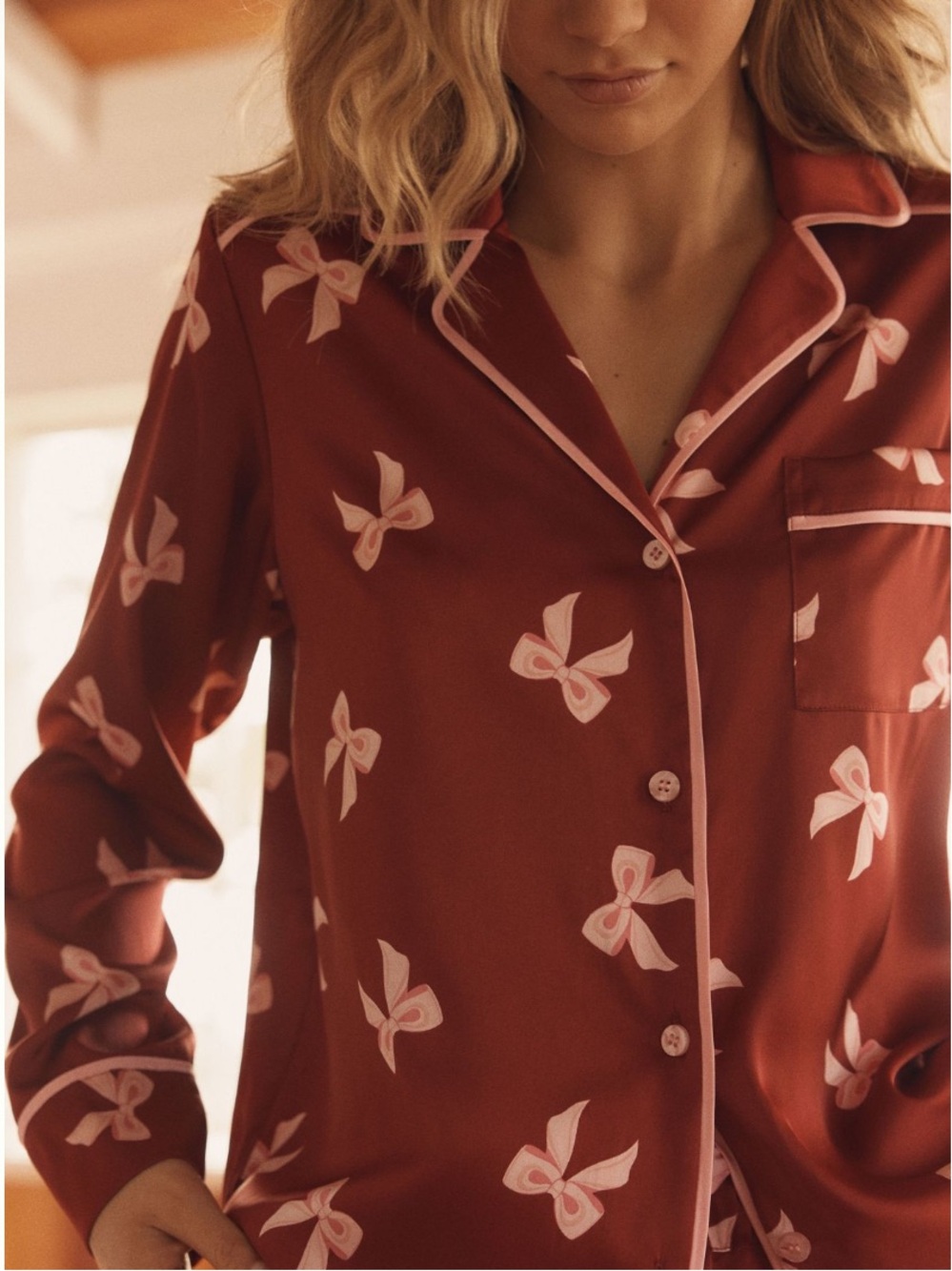 Anthropologie x Beach Riot Livy top & Connie Pants Pajama Set red with Pink Bows
